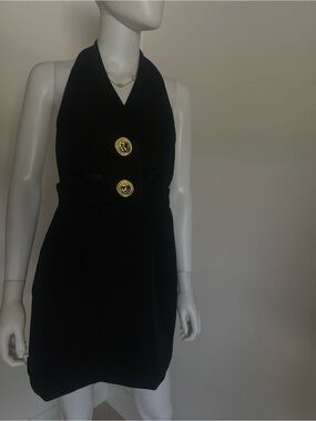 Halter Mini Dress with Gold Accent Buttons - Black